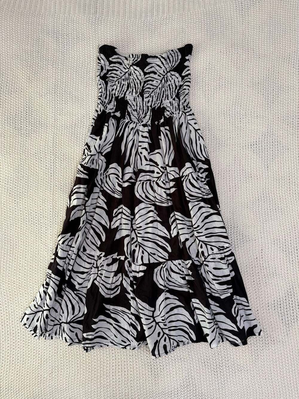 Club Z Collection Women's Black and White Leaf Print Smocked Tube Maxi Dress